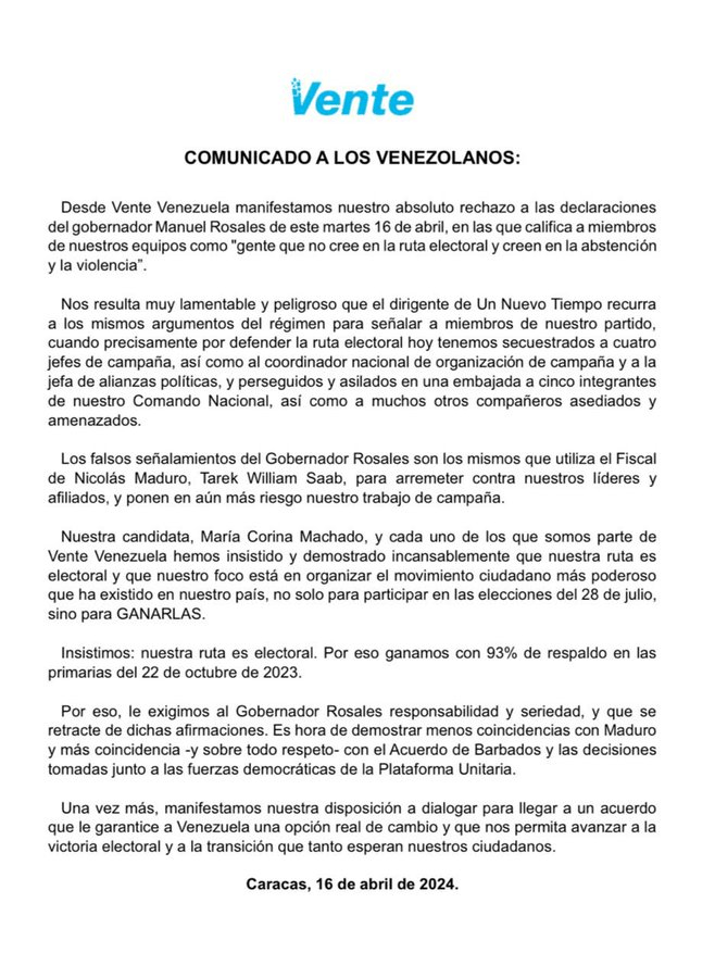 Partido de María Corina Machado condena declaraciones de Manuel Rosales (comunicados)